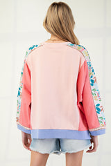 Peach 3/4 Sleeve Colorblock Top with Front Pocket and Side Slits