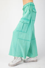 Green Mineral Washed Wide Leg Cargo Pants