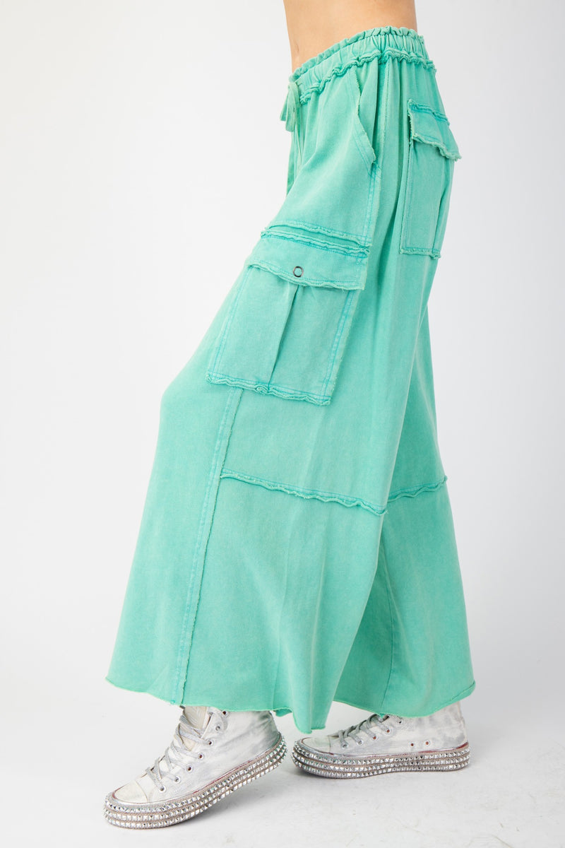 Green Mineral Washed Wide Leg Cargo Pants