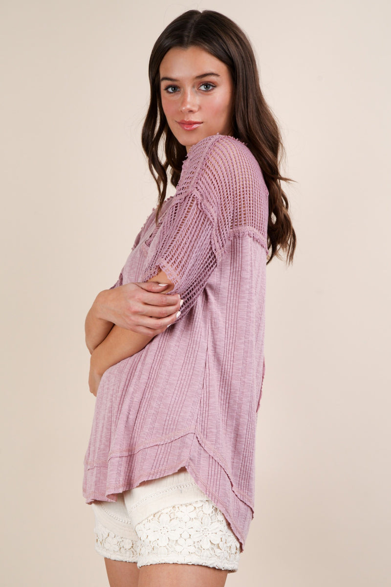 Oversized Contrast Knit V-Neck Hi-Lo Shirt