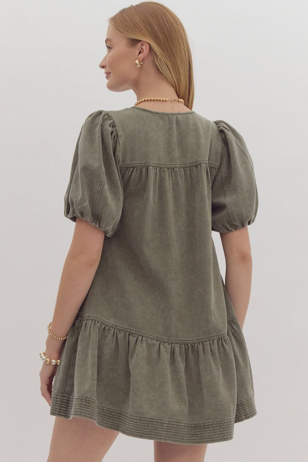 Olive Denim Puff Sleeve Front Tie Dress