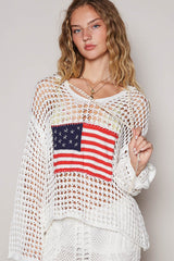 White American Flag Chunky Knit Top with Hood