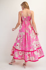 Pink Floral Print Maxi Dress with Ric Rac Detailing