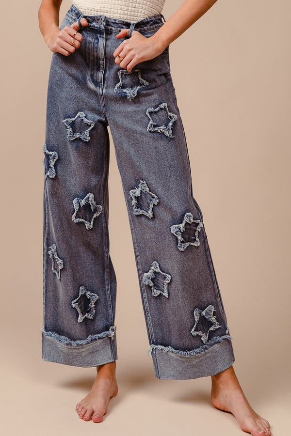 Denim Washed Wide Leg Star Patched Jeans