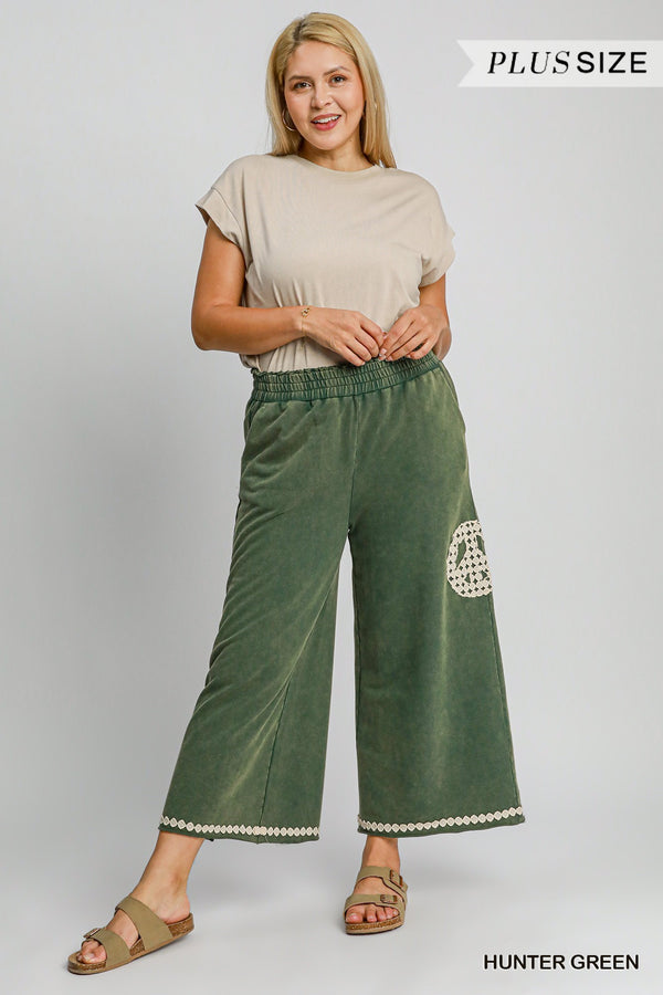 Curvy Hunter Green Peace Sign Embellished Cropped Pants