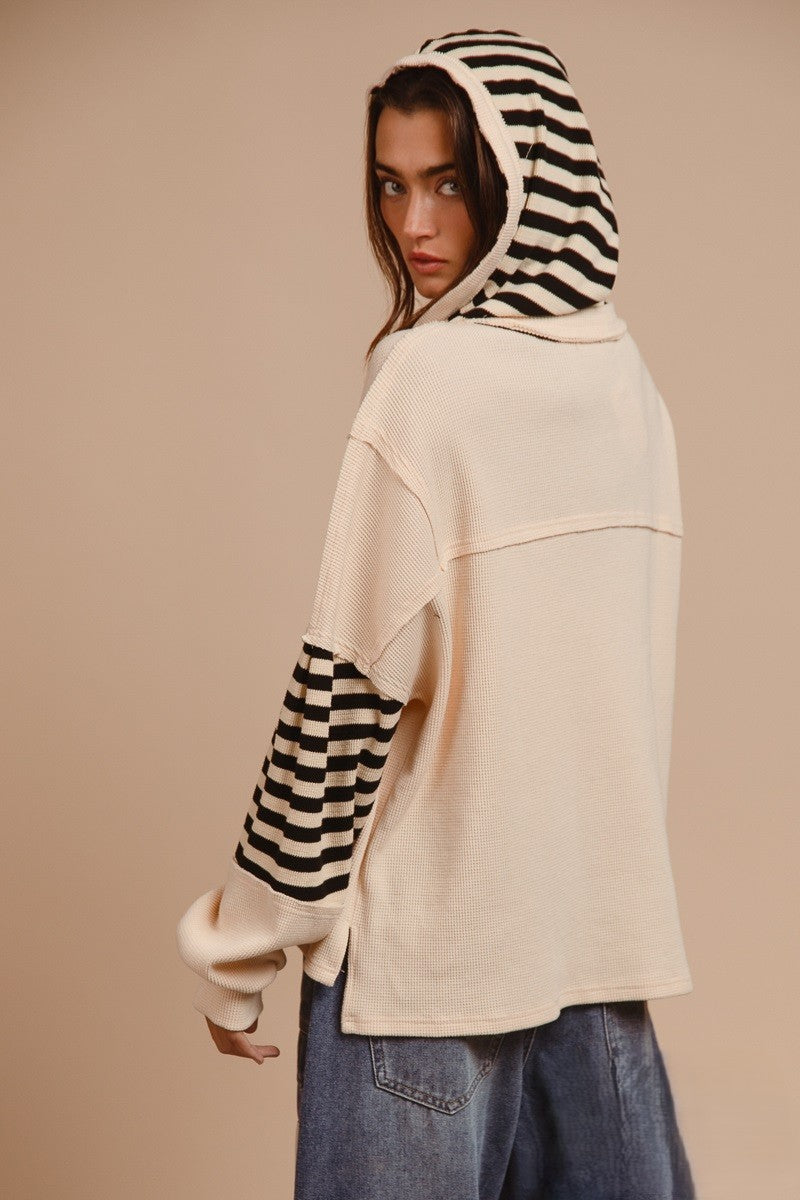 Star Patched Waffle Knit Striped Hoodie Top