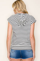 Shoe Lace Drawstring Neck Short Sleeve Stripe Top