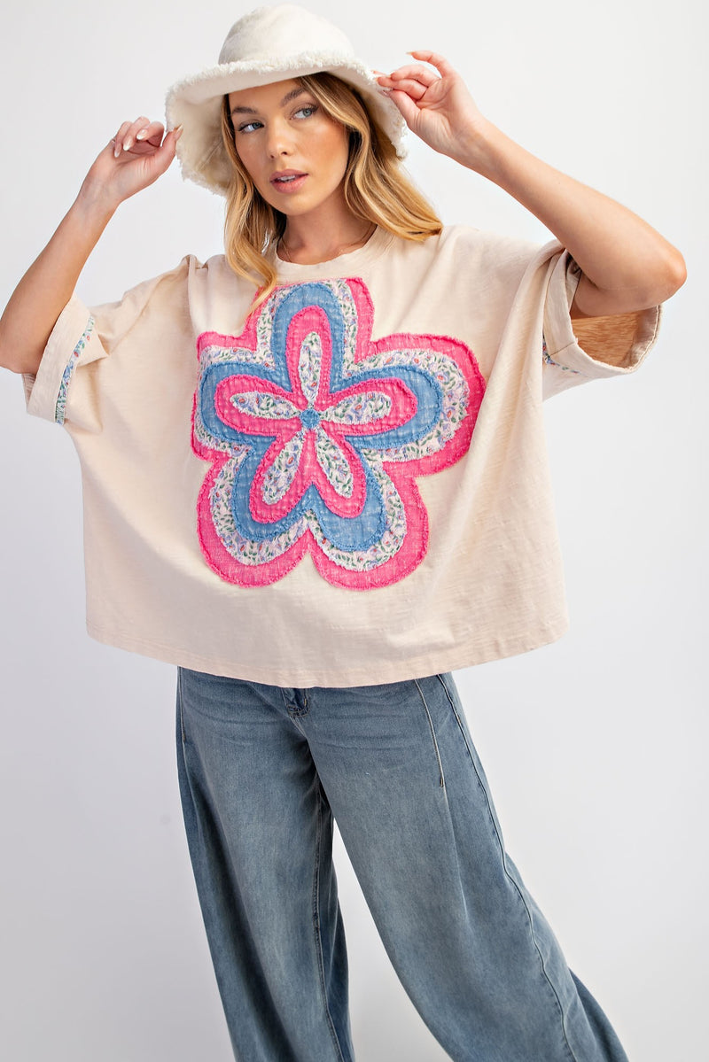 Tan Short Sleeve Top with Pink & Blue Daisy Patchwork