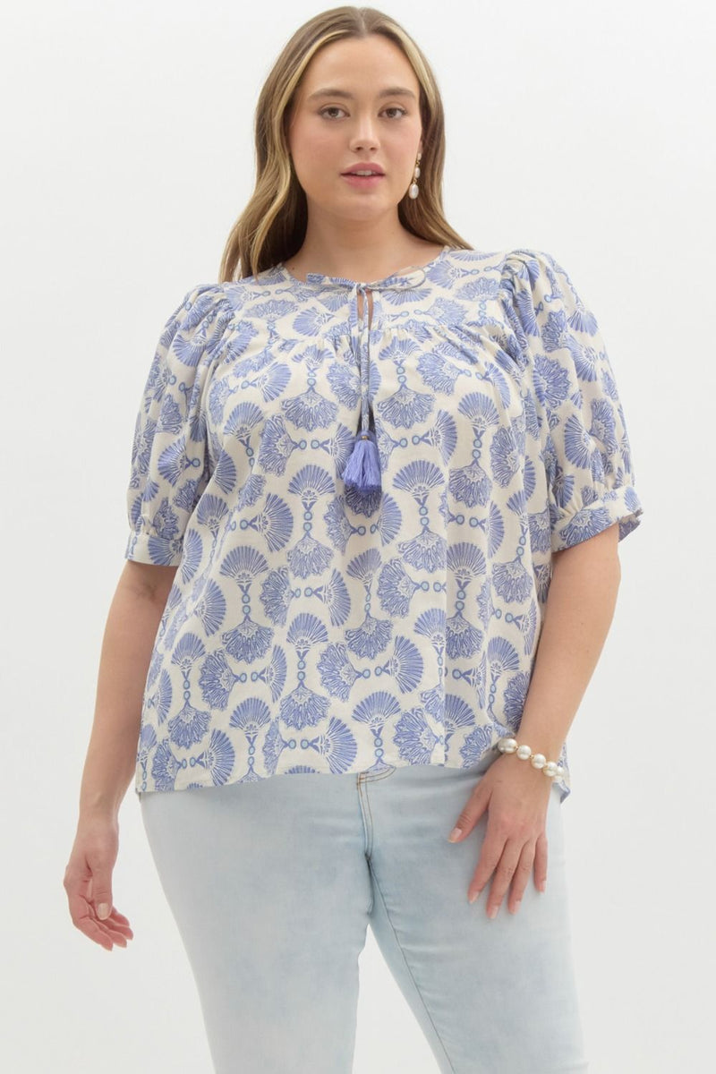 Curvy Blue Printed Tassel Top