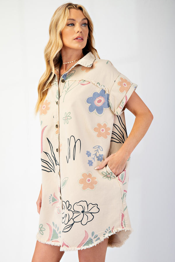 Khaki Floral Printed Raw Hem Button Down Dress