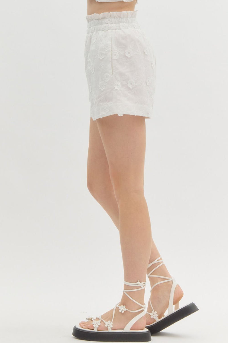 White Floral Embroidered Shorts