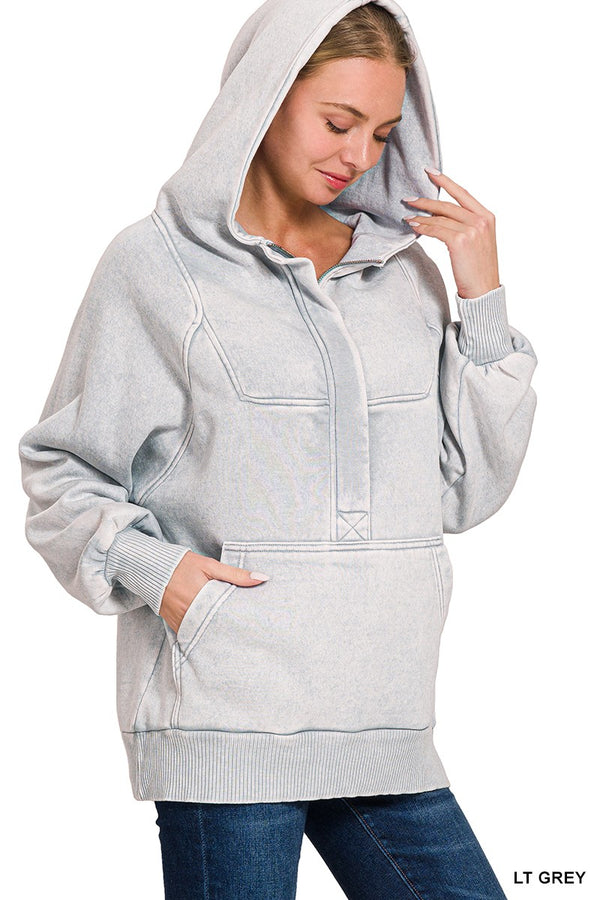 Mineral Wash Hooded Quarter Zip Top