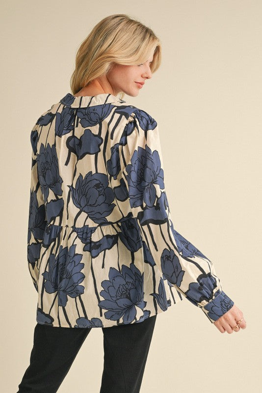 Cream and Blue Floral Print Collared Top