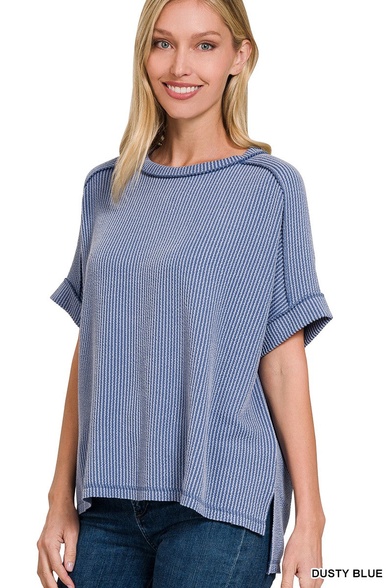 Cuffed Sleeve Ribbed Basic Top