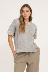 Washed Split Neck Short Sleeve Top