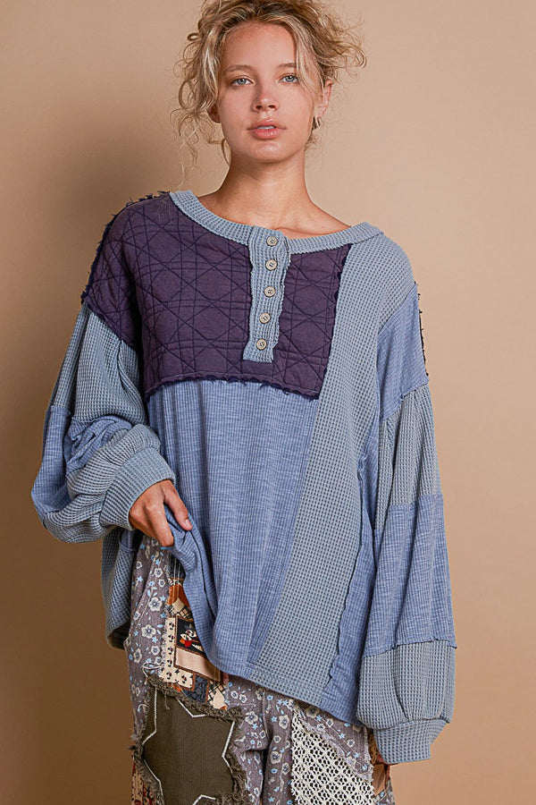 Blue Mixed Material Wide Balloon Sleeve Top