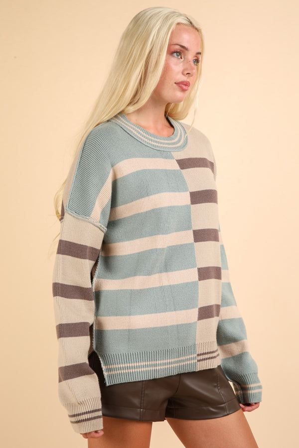 Sage and Tan Color Block Oversized Striped Knit Sweater