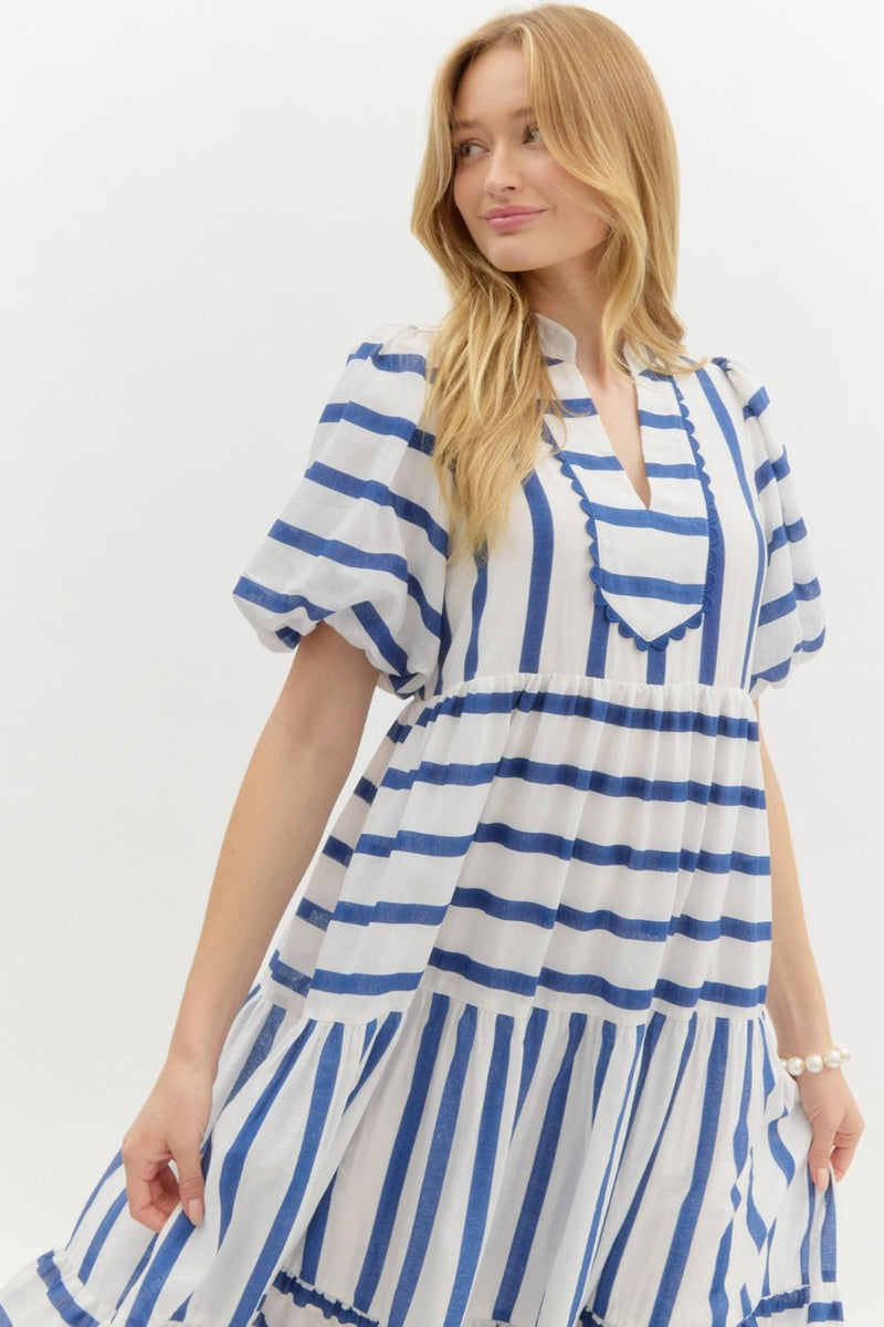 Navy and White Striped Maxi Dress With Puff Sleeves