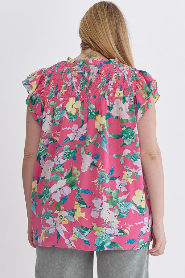 Curvy Pink Floral Smocked Detail Top