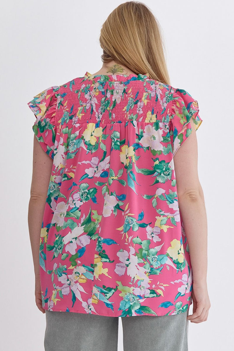 Curvy Pink Floral Smocked Detail Top