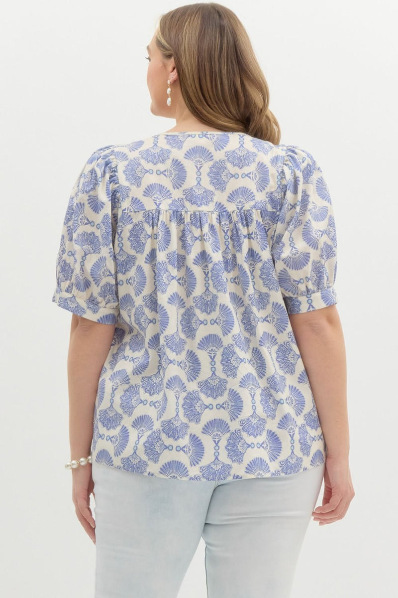 Curvy Blue Printed Tassel Top