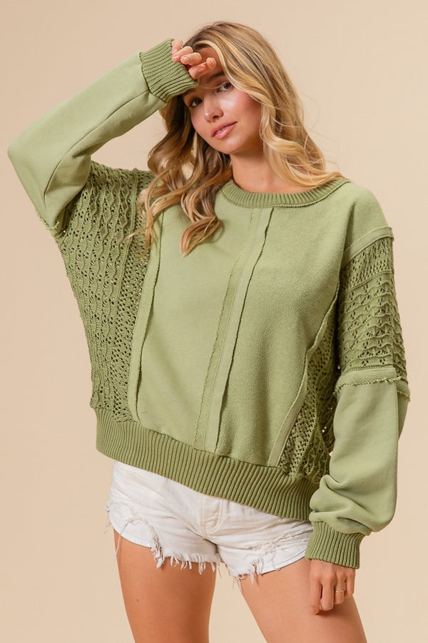 Green French Terry Top with Lace Sides