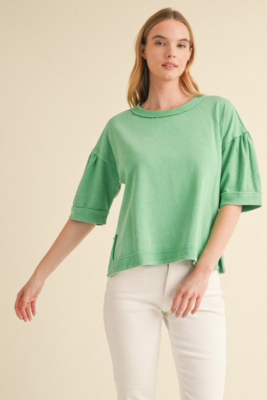 Oversized Puff Sleeve Outstitched Top With Side Slits