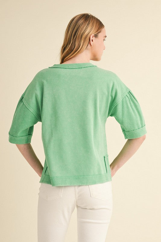 Oversized Puff Sleeve Outstitched Top With Side Slits