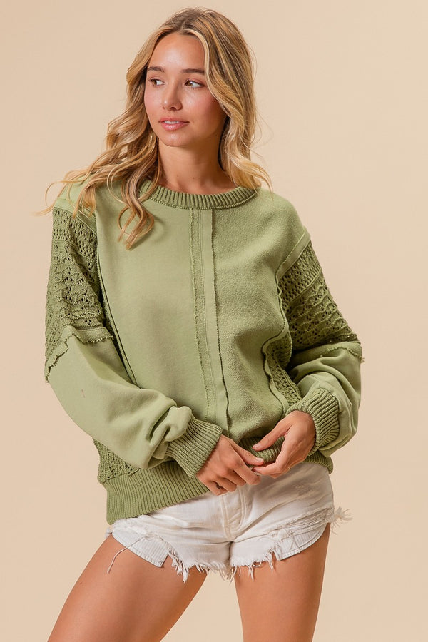 Green French Terry Top with Lace Sides