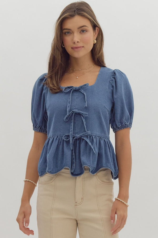 Denim Puff Sleeve Bow Detail Top