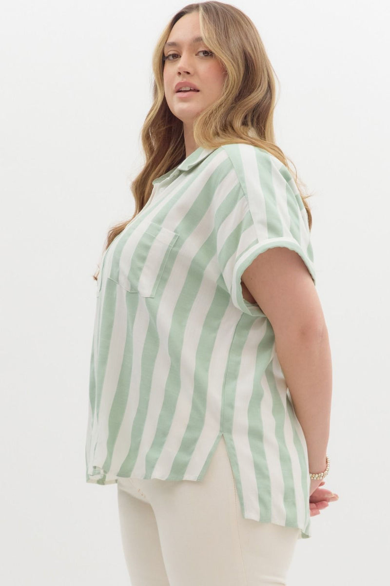 Curvy Sage Striped Button Down Top