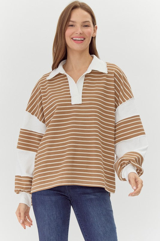 White and Tan Lined Collared Top