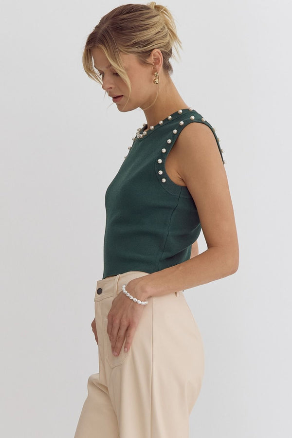 Hunter Green Pearl Embellished Crop Top