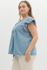 Curvy Ruffle Sleeve Top With embroidery