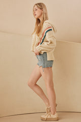 Ivory with Stripes Mixed Knit Hooded Sweater