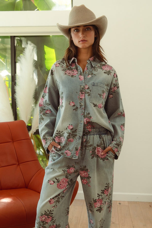 Floral Printed Denim Button Up Shirt