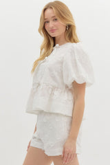 White Puff Sleeve Top With Flower Applique and Bows