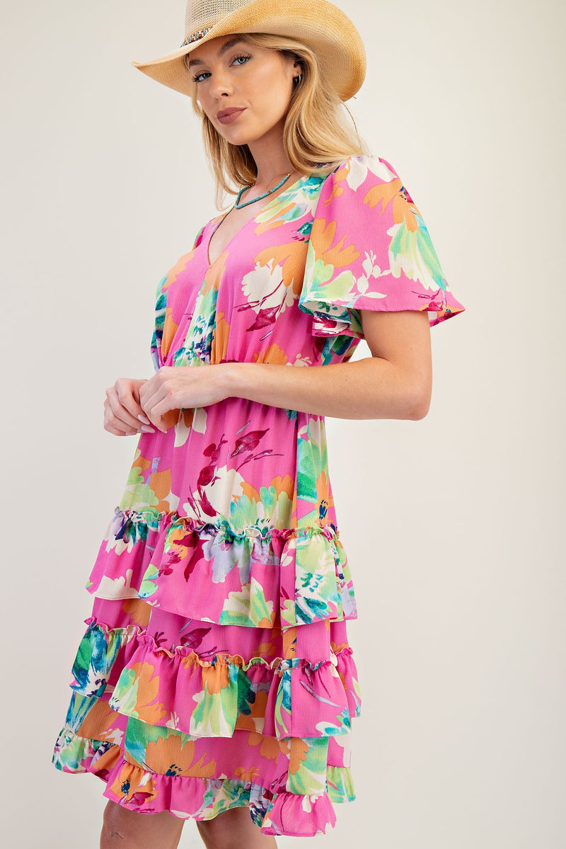 Pink Floral Printed Short Sleeve Tiered Ruffle Dress