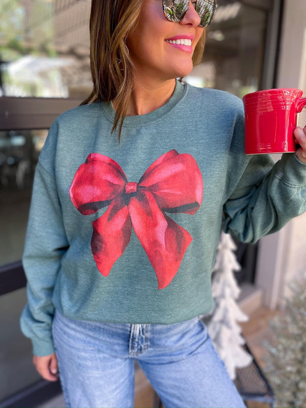 Green Crewneck with Large Red Bow