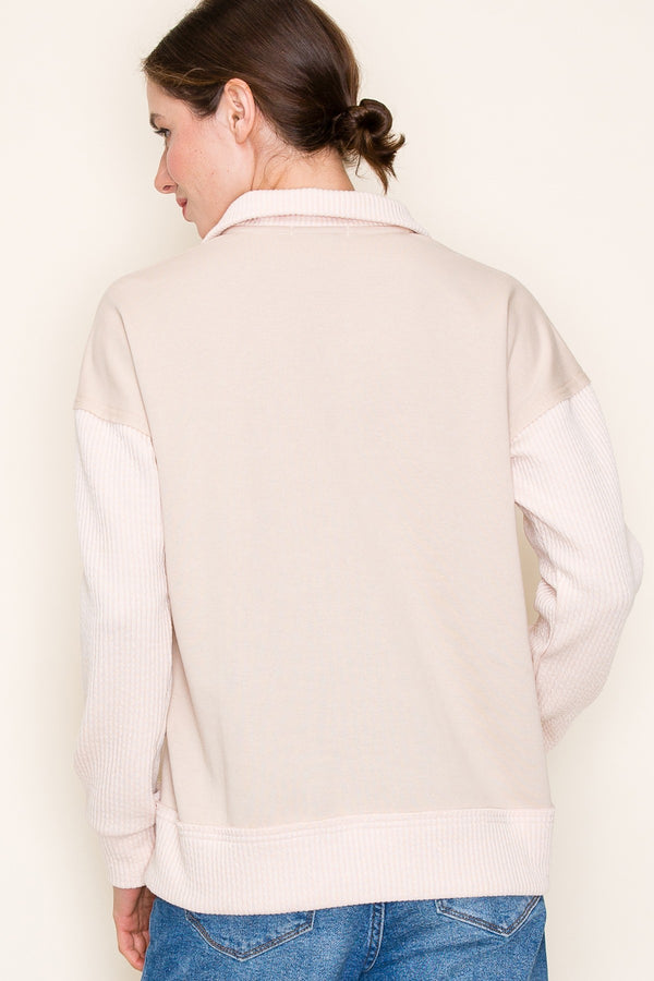 Oatmeal Ribbed Detail Quarter Zip Top