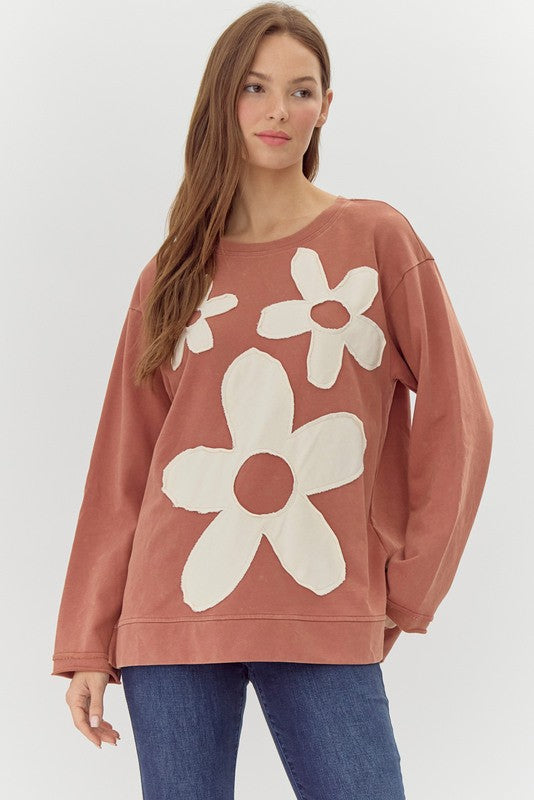 Rust Reversed Terry Cloth Daisy Applique Long Sleeve Top