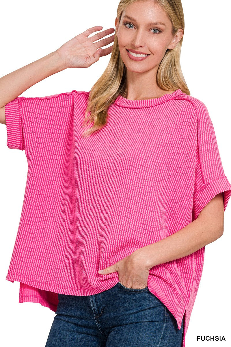 Cuffed Sleeve Ribbed Basic Top