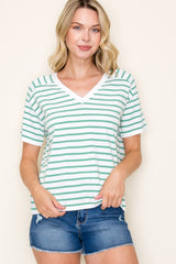 Ivory and Olive V Neck Short Sleeve Striped Sweater