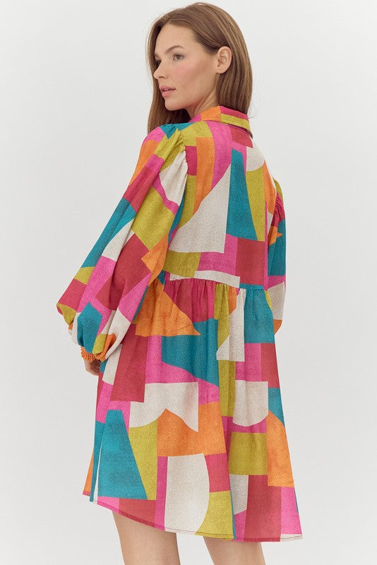 Multi Color Abstract Button Down Dress