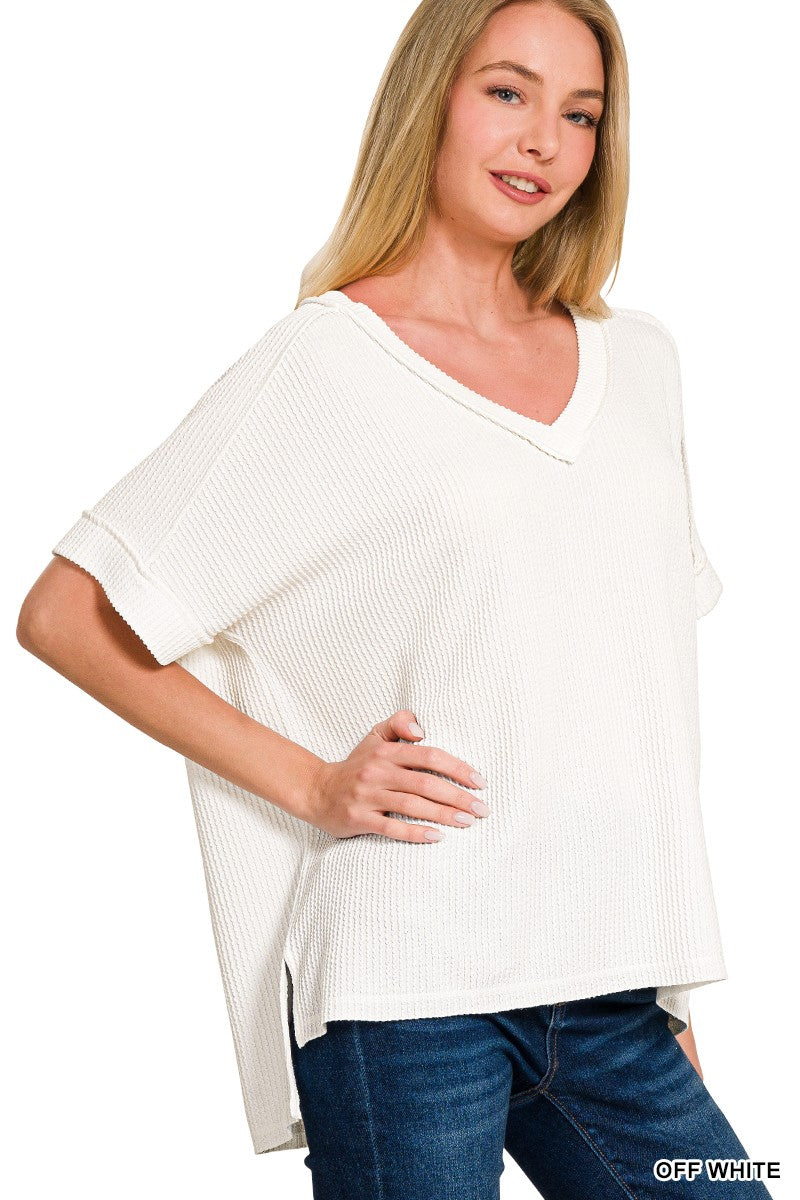 Ribbed Cuff V-Neck Tee