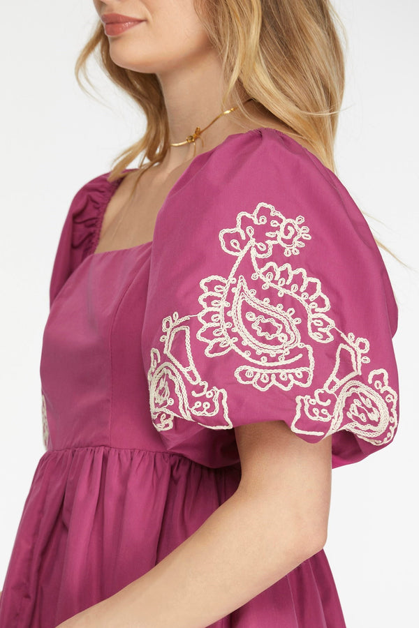 Magenta Puff Sleeve Embroidered Dress