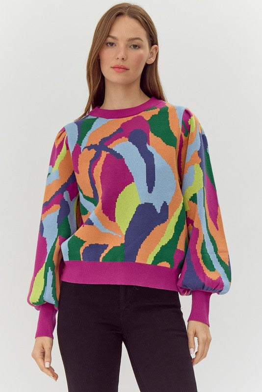 Magenta Abstract Patterned Balloon Sleeve Top