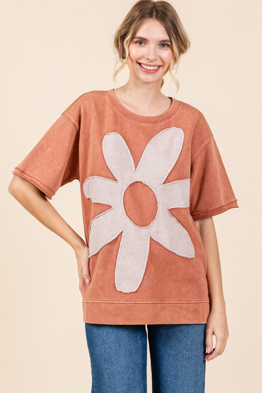 Rust Reversed Terry Cloth Daisy Applique