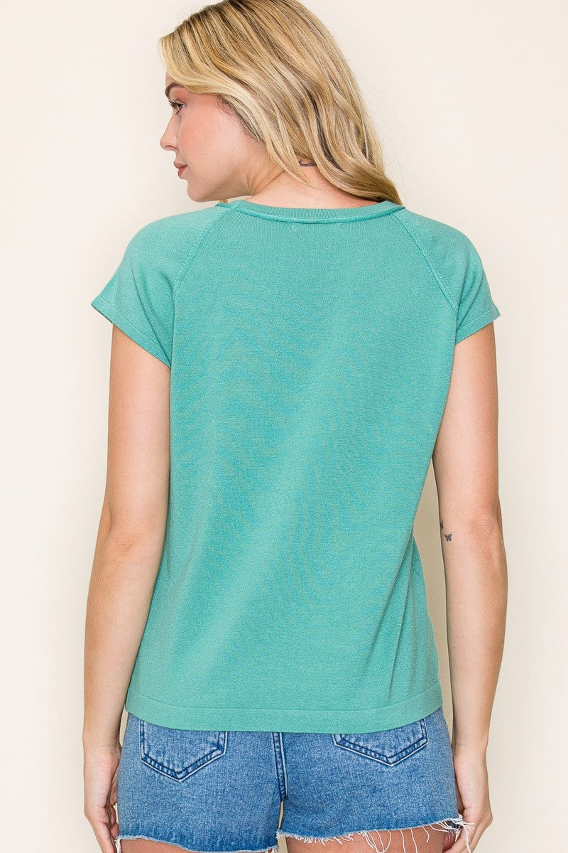 Jade Raglan Short Sleeve Top with Raw Edge Detailing