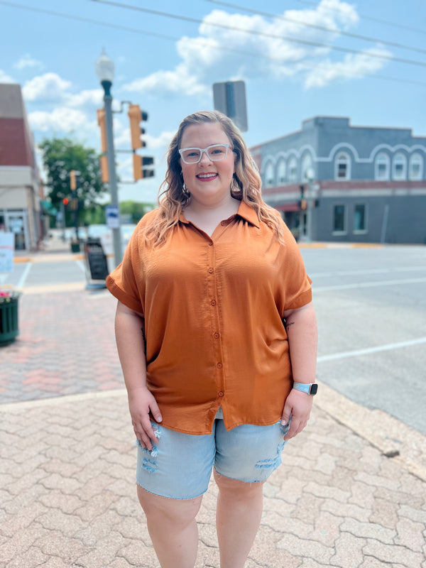 Curvy Short Sleeve Button Down Dressy Top